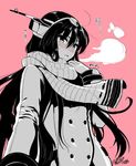  blush coat double-breasted headgear kantai_collection kojima_saya long_hair monochrome nagato_(kantai_collection) pink_background scarf simple_background solo sweatdrop winter_clothes winter_coat 