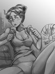  bra breasts cleavage collarbone electric_fan greyscale hair_bun hot ice_cream_cone medium_breasts monochrome navel one_eye_closed original panties solo songwut_ouppakarndee spread_legs sweat tank_top thermometer tongue tongue_out underwear 