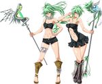  bare_shoulders blush breasts caam_serenity_of_gusto cleavage collar collarbone covered_nipples duel_monster full_body green_eyes green_hair hair_ornament hand_on_hip highres jewelry long_hair looking_at_viewer medium_breasts midriff multiple_girls navel ponytail sandals shorts smile staff tore-saki transparent_background winda_priestess_of_gusto yuu-gi-ou 