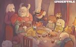  3girls 4boys :d ^_^ alcohol alphys androgynous animal_ears annoying_dog armor asgore_dreemurr asriel_dreemurr bad_end baguette beard beer blonde_hair blush_stickers bread brown_hair caribun chara_(undertale) chef_hat closed_eyes copyright_name crossed_out dinner dog eating english everyone facial_hair flowey_(undertale) food frisk_(undertale) goat_ears grin hat highres hood hoodie horns kebab knife littlebigkid2000 monster_boy monster_girl monster_kid_(undertale) multiple_boys multiple_girls multiple_others napkin one_eye_closed open_mouth oven_mitts papyrus_(undertale) pasta pie pizza ponytail red_eyes red_hair sans scarf shirt sitting skewer smile spaghetti spoilers striped striped_shirt sweater third-party_edit thumbnail_surprise time_paradox tongs toriel under_table undertale undyne 