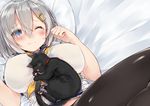  black_cat black_legwear blue_eyes blush breasts cat commentary_request eyes_visible_through_hair hair_ornament hair_over_one_eye hairclip hamakaze_(kantai_collection) kantai_collection kou_mashiro large_breasts lying lying_on_person on_back one_eye_closed pantyhose pleated_skirt school_uniform serafuku short_hair silver_hair skirt solo 