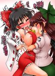  bare_shoulders bearhug bird_wings black_hair black_wings blush bow breast_sucking breasts breasts_outside brown_hair closed_eyes detached_sleeves hair_bow hair_tubes hakurei_reimu highres large_breasts long_sleeves multiple_girls nipples no_bra reiuji_utsuho ribbon-trimmed_sleeves ribbon_trim ryona shirt skirt sweat touhou translation_request wide_sleeves wings yazuki_gennojou yuri 