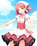  blue_eyes blue_sky blush bow cloud day highres maid open_mouth original outdoors outstretched_arms pink_bow pink_hair red_hair skirt sky solo standing sunlight yamasan 