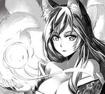  ahri animal_ears artist_name bare_shoulders breasts cleavage facial_mark fox_ears large_breasts league_of_legends long_hair monochrome multiple_tails signature solo songwut_ouppakarndee tail upper_body whisker_markings 