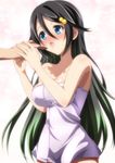  black_hair blue_eyes breasts cleavage highres impossible_towel izumi_reina ka2 large_breasts long_hair musaigen_no_phantom_world naked_towel saliva solo_focus tongue tongue_out towel 