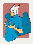  2018 anthro avian beak blue_fur breasts digital_media_(artwork) feathered_wings feathers female fur gryphon hi_res mammal nipple_piercing nipples nude open_mouth oruz piercing salkitten simple_background smile solo tongue wings 