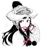  animal_ears beanie bow glasses hair_bow hat highres horned_girl_(jaco) horns horns_through_headwear jaco knit_hat long_hair looking_to_the_side monochrome original red-framed_eyewear red_eyes removing_eyewear solo spot_color sweater upper_body winter_clothes 