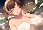  blush breasts brown_hair cleavage closed_eyes covered_nipples floating_breasts inari_(inariya) large_breasts naked_towel nipples onsen open_mouth original protected_link see-through smile snow solo teeth towel wet 