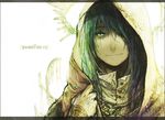  closed_mouth green_eyes green_hair ha.skr_(hasukara) hair_over_one_eye half-closed_eyes halo hand_on_own_chest hood hood_up letterboxed looking_at_viewer lowres one_eye_covered original portrait scar scar_across_eye smile solo white_background 