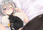  bad_id bad_pixiv_id black_cat black_legwear blue_eyes blush breasts cat commentary_request eyes_visible_through_hair hair_ornament hair_over_one_eye hairclip hamakaze_(kantai_collection) kantai_collection kou_mashiro large_breasts lying lying_on_person on_back one_eye_closed pantyhose pleated_skirt school_uniform serafuku short_hair silver_hair skirt solo 