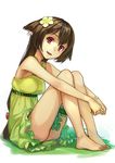  absurdres animal_ears barefoot brown_hair dress feet flower full_body green_dress hair_flower hair_ornament highres jinyuan712 legs_together long_hair looking_at_viewer original red_eyes simple_background sitting solo white_background 