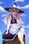  blonde_hair brown_eyes candy day dress food hat highres kirisame_marisa lollipop long_hair looking_at_viewer meng_xiao_jiong sitting sky solo tongue touhou witch_hat 