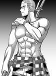  abs clothes_around_waist facial_hair gradient gradient_background greyscale holding holding_sword holding_weapon male_focus monochrome muscle original scar scar_across_eye shaved_head shirt_around_waist shirtless shorts solo songwut_ouppakarndee sword watch weapon wristwatch 