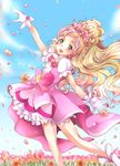  :d blonde_hair bow cloud cure_flora dancing day earrings flower flower_earrings full_body gloves go!_princess_precure green_eyes hair_flower hair_ornament haruno_haruka highres jewelry long_hair looking_at_viewer magical_girl mihara_youzora multicolored_hair open_mouth pink_bow pink_hair pink_skirt precure shoes skirt sky smile solo streaked_hair two-tone_hair white_footwear white_gloves 