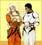  bb-8 black_hair brown_gloves closed_eyes copyright_name cosplay dark_skin dark_skinned_male emiko facial_mark finn_(star_wars) finn_(star_wars)_(cosplay) gloves headwear_removed heart helmet helmet_removed hug jean_pierre_polnareff jojo_no_kimyou_na_bouken mohammed_avdol multiple_boys parody poe_dameron poe_dameron_(cosplay) ponytail rebel_pilot silver_hair smile spoken_heart star_wars star_wars:_the_force_awakens stardust_crusaders stormtrooper sweatdrop 