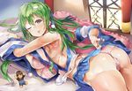  anatomical_nonsense armpits ass back bad_anatomy bad_hands bed blush bra breasts detached_sleeves frog_hair_ornament gradient_eyes green_hair green_nails hair_ornament hair_tubes himuro_(dobu_no_hotori) kochiya_sanae large_breasts long_hair looking_at_viewer looking_back lying multicolored multicolored_eyes nail_polish on_stomach panties pillow pink_bra pink_panties reflective_eyes room shiny shiny_hair skirt skirt_tug sleeveless solo thighs tongue tongue_out touhou underwear window 