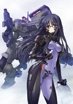  assault_rifle black_hair bodysuit breasts carnelian clenched_hand covered_navel german glasses glowing glowing_eye gretel_jeckeln gun highres long_hair mecha mig-21_balalaika_(muvluv) military muvluv non-web_source official_art pilot_suit purple_eyes rifle schwarzesmarken shield skin_tight small_breasts snow snowing solo weapon 