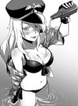  blush bottle breasts from_above front-tie_bikini front-tie_top gloves gradient gradient_background greyscale hat long_hair medium_breasts military_hat monochrome navel off_shoulder original panties side-tie_panties solo songwut_ouppakarndee spilling standing tongue tongue_out underwear wading 
