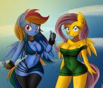  2016 anthro anthrofied blue_eyes blush breasts cleavage clothed clothing d-xross danmakuman dress duo equine female fingerless_gloves fluttershy_(mlp) friendship_is_magic gloves mammal my_little_pony partially_clothed pegasus purple_eyes rainbow_dash_(mlp) thumbs_up wings 