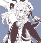  alisa_ilinichina_amiella bare_shoulders black_gloves blue_eyes boots breasts elbow_gloves fingerless_gloves gloves god_eater god_eater_2:_rage_burst hinahino holding holding_weapon huge_weapon long_hair looking_at_viewer md5_mismatch medium_breasts monochrome over_shoulder simple_background sketch skirt smile solo sword thigh_boots thighhighs underboob weapon 