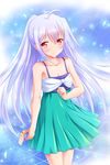  bashen_chenyue breasts cleavage dress highres isla_(plastic_memories) long_hair looking_at_viewer plastic_memories red_eyes silver_hair small_breasts solo 