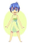  artist_name blue_eyes blue_hair dress full_body green_dress highres inside_out joy_(inside_out) open_mouth outline pixar short_hair smile solo yellow_skin yoyochaan 