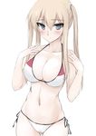  bikini blonde_hair blue_eyes blush breasts cleavage graf_zeppelin_(kantai_collection) kantai_collection large_breasts long_hair looking_at_viewer navel side-tie_bikini simple_background solo swimsuit thigh_gap twintails zekkyon 
