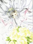  absurdres artist_request bouquet dress flower highres long_hair my_merry_may_be reu_(my_merry_may_be) silver_eyes silver_hair smile solo very_long_hair wedding_dress 