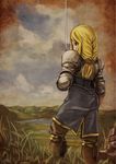  absurdres agrias_oaks armor blonde_hair braid corset final_fantasy final_fantasy_tactics gloves grass highres holding holding_sword holding_weapon knight kumaki_(ku-maki) lake landscape long_hair looking_at_viewer looking_back outdoors pauldrons plant single_braid solo standing sword water weapon 
