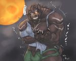  2016 angry biceps big_muscles bright_eyes bulge canine clenched_teeth clothed clothing digital_media_(artwork) fangs flakjacket0204 full_moon fur grey_fur growth hand_on_stomach hi_res huge_muscles looking_at_self looking_down male mammal moon multicolored_fur muscle_growth muscular night orange_eyes partially_clothed pecs pubes sharp_claws sharp_teeth shirt shorts simple_background solo standing striped_fur stripes sweat tail_growth teeth text torn_clothing transformation translation_request two_tone_fur were werewolf 