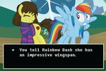  2016 brown_hair clothing cutie_mark dialogue english_text equine female flirting friendship_is_magic hair mammal my_little_pony pegasus ponification protagonist_(undertale) radiantrealm rainbow_dash_(mlp) surprise sweater text undertale video_games wing_boner wings 