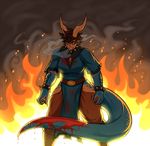  angry anthro armband blood blue_eyes blue_scales brown_hair clothed clothing collar dragon drakthug female fire hair horn jewelry necklace norael scales smoke solo 