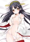  ass_visible_through_thighs bangs black_hair breasts collarbone covered_nipples cowboy_shot detached_sleeves hair_ornament hairband hairclip hand_under_clothes haruna_(kantai_collection) headgear japanese_clothes kantai_collection long_hair lying medium_breasts navel no_pants nontraditional_miko on_back on_bed open_clothes open_shirt panties panty_pull remodel_(kantai_collection) shirt siroyuki skirt solo stomach underwear very_long_hair white_panties yellow_eyes 