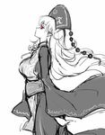  breasts chinese_clothes dress from_side greyscale hat junko_(touhou) large_breasts looking_up monochrome pointy_ears raptor7 red_eyes solo spot_color touhou 
