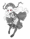  china_dress chinese_clothes dress greyscale hat junko_(touhou) monochrome no_nose open_mouth pointy_ears raptor7 red_eyes sleeves_past_wrists solo spot_color tabard thighhighs touhou 