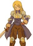  agrias_oaks armor blonde_hair boots braid breastplate elbow_pads final_fantasy final_fantasy_tactics gloves hand_on_hip holding holding_sword holding_weapon knee_boots knee_pads knight long_hair looking_at_viewer shishio_(artist) shoulder_pads simple_background single_braid solo sword weapon white_background 