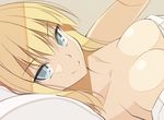  bed bismarck_(kantai_collection) blonde_hair blue_eyes breasts cleavage kantai_collection long_hair looking_at_viewer lying medium_breasts nude on_back oota_yuuichi smile solo 