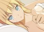  bed bismarck_(kantai_collection) blonde_hair blue_eyes kantai_collection long_hair looking_at_viewer lying nude on_back oota_yuuichi pointing pointing_at_viewer solo sweatdrop 