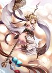  andira_(granblue_fantasy) ass barefoot blonde_hair blush breasts cleavage_cutout cloud detached_leggings detached_sleeves erune feet flying_nimbus granblue_fantasy hairband hiememiko highres holding holding_weapon looking_at_viewer medium_breasts short_hair sideboob solo staff toes weapon yellow_eyes 