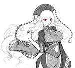  breasts china_dress chinese_clothes dress greyscale hat highres junko_(touhou) large_breasts looking_at_viewer monochrome no_nose open_mouth pointy_ears raptor7 red_eyes solo spot_color touhou 