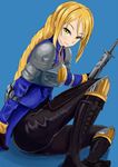  2007k021 agrias_oaks armor ass blonde_hair blue_background braid breastplate corset elbow_pads final_fantasy final_fantasy_tactics gloves knee_pads knight leather long_hair looking_at_viewer pauldrons sheath sheathed shoulder_pads sidelocks simple_background single_braid sitting smile solo sword weapon 
