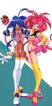  90s absurdres ahoge aqua_eyes blonde_hair boots cacao_(lamune) cleavage_cutout dark_skin earrings elbow_gloves freckles gloves highres jewelry kotobuki_tsukasa large_hands long_hair looking_at_viewer multiple_girls navel official_art one_eye_closed open_mouth parfait_(lamune) pink_hair pq_(lamune) purple_eyes sidelocks thigh_boots thighhighs thong vs_knight_lamune_&amp;_40_fire 