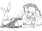  ass bikini breasts chin_rest cleavage error greyscale hat junko_(touhou) large_breasts looking_at_viewer lying monochrome no_nose on_stomach open_mouth pointy_ears raptor7 red_eyes solo spot_color swimsuit the_pose touhou wrong_feet 