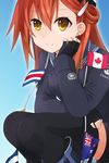  anchor_earrings black_legwear brown_hair canada canadian_flag commentary_request dress earrings fingerless_gloves gloves hair_ornament hairclip hand_on_own_cheek highres hmcs_haida_(g63) jewelry kantai_collection looking_at_viewer myuto_(advent_retribution) original personification royal_canadian_navy sailor_dress signal_flag smile solo squatting thighhighs yellow_eyes 