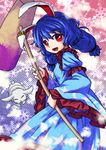  animal_ears blood blue_hair bunny bunny_ears dress ear_clip from_behind highres kine long_hair looking_back mallet nomayo open_mouth red_eyes seiran_(touhou) smile solo touhou twintails 