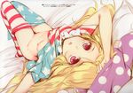  absurdres american_flag_dress american_flag_legwear blonde_hair breasts clownpiece covered_nipples hat highres huge_filesize jester_cap ke-ta long_hair lying nipples non-web_source on_back open_mouth pantyhose pantyhose_pull red_eyes scan small_breasts solo text_focus touhou translated very_long_hair 