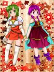  74 armor bare_shoulders blush boots cape chibi dress elbow_gloves fire_emblem fire_emblem:_seima_no_kouseki gloves green_eyes green_hair holding_hands long_hair lute_(fire_emblem) multiple_girls poker ponytail purple_eyes purple_hair short_hair smile thighhighs twintails vanessa_(fire_emblem) 