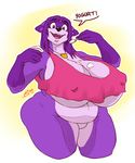 anthro big_breasts boosterpang breasts clothing female food fur hair huge_breasts hyper hyper_breasts jewelry looking_at_viewer mammal necklace nipple_bulge purple_eyes purple_fur purple_hair pussy raccoon shina_(daigo) slightly_chubby smile solo thick_thighs wide_hips 