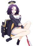  :d daba glaive gloves highres kantai_collection legs mechanical_halo no_socks open_mouth purple_eyes purple_hair rigging short_hair smile solo tatsuta_(kantai_collection) thighs white_background 