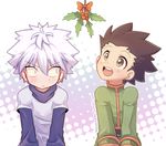  black_hair blush brown_eyes gon_freecss halftone halftone_background holly hunter_x_hunter killua_zoldyck male_focus multiple_boys open_mouth outline ribbon round_teeth smile teeth watermark web_address white_hair yoyochaan |_| 